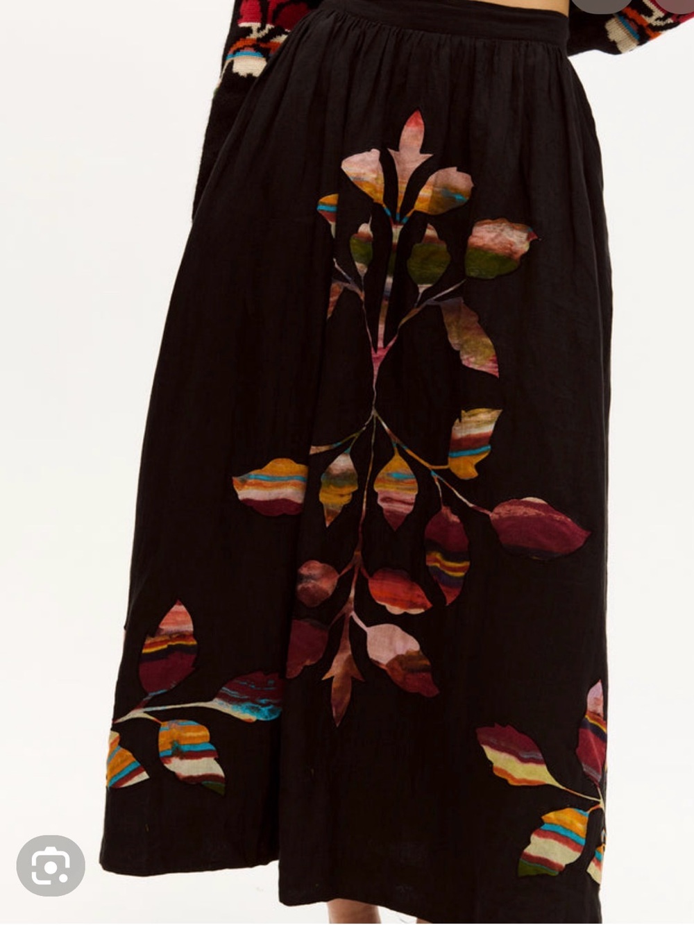 Hand-Embroidered Black A-Line Midi Skirt with Multicolor Leaf Detail